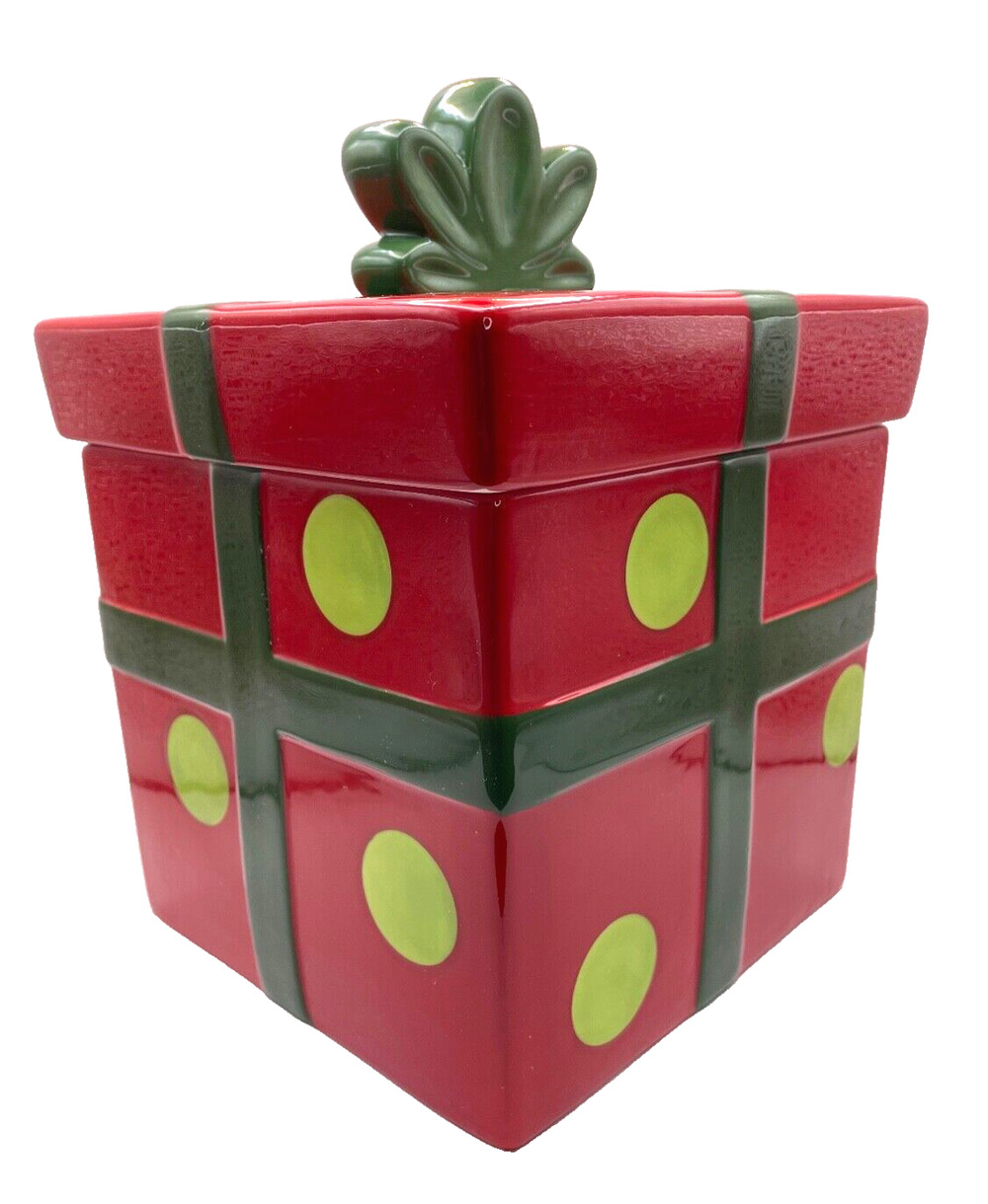 Crafty Christmas Collection Red Ceramic Box With Green Polka dot and Ribbon Jar